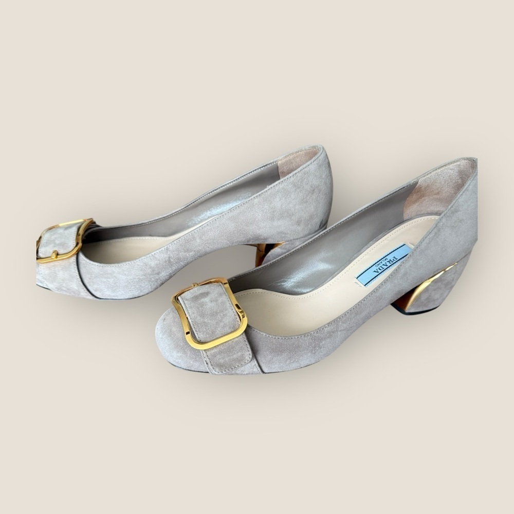 AUTHENTIC Prada | Vintage Gold Hardware Suede Pumps | Size 38 - Picture 5 of 13